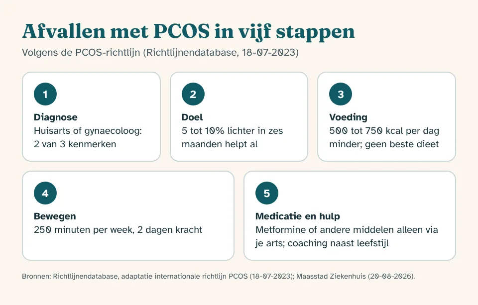 Step-by-step plan for weight loss with PCOS: diagnosis by a doctor, realistic goal, nutrition, exercise, medication via a doctor and help with keeping it up