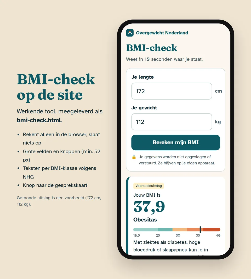 De BMI-check op een telefoon met velden voor lengte 172 cm en gewicht 112 kg, en de voorbeelduitslag BMI 37,9 obesitas op een gekleurde schaal