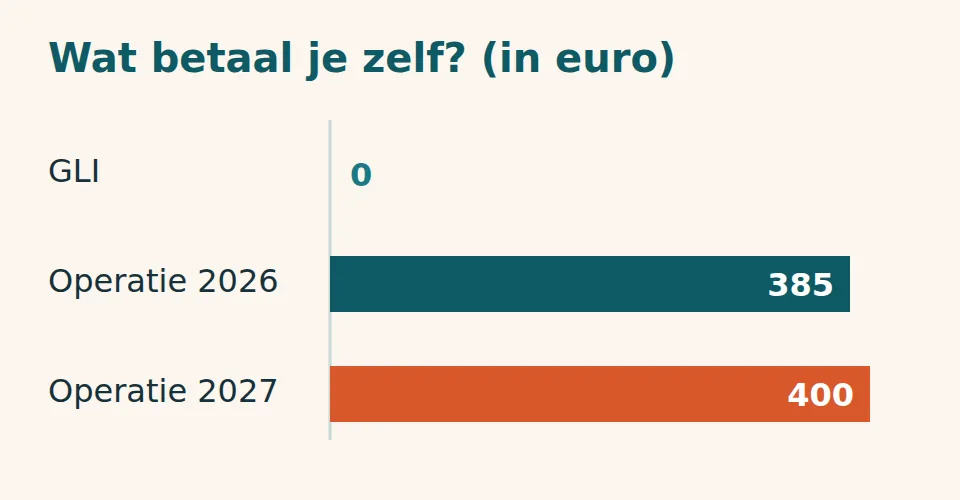 Staafdiagram van wat je zelf betaalt: GLI 0 euro, vergoede maagverkleining 385 euro eigen risico in 2026 en 400 euro in 2027