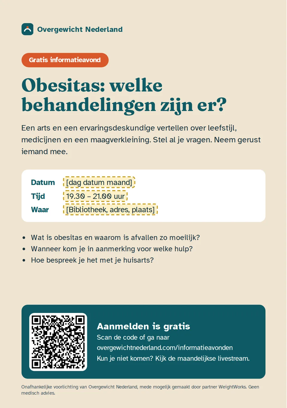 A5-flyer met oranje label Gratis informatieavond, de kop Obesitas welke behandelingen zijn er en een vak voor datum, tijd 19.30 tot 21.00 uur en plaats
