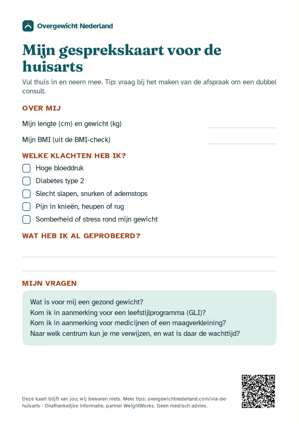 Voorbeeld van de gesprekskaart: kopjes Over mij, Welke klachten heb ik, Wat heb ik al geprobeerd en Mijn vragen, met een QR-code rechtsonder