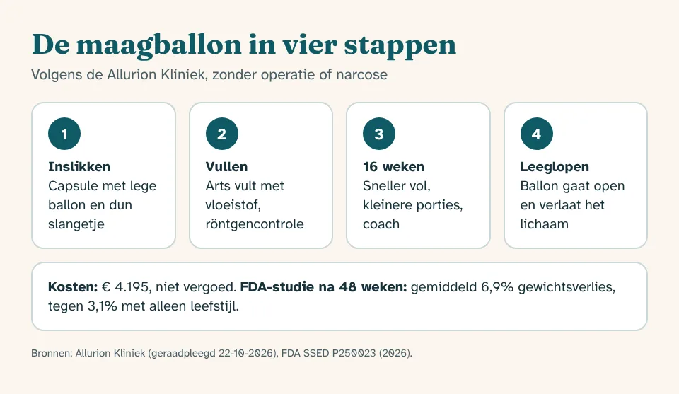 Allurion-maagballon in vier stappen: capsule inslikken, vullen via slangetje met röntgencontrole, 16 weken eerder verzadigd, daarna leeglopen en natuurlijk afvoeren