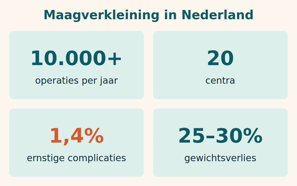 Vier tegels over maagverkleining in Nederland: ruim 10.000 operaties per jaar, 20 centra, 1,4 procent ernstige complicaties en 25 tot 30 procent gewichtsverlies