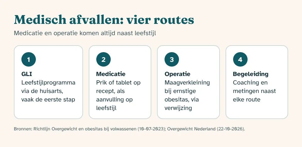 Medisch afvallen in vier routes: GLI via de huisarts, afslankprik, afslankpil en maagverkleining naast elkaar