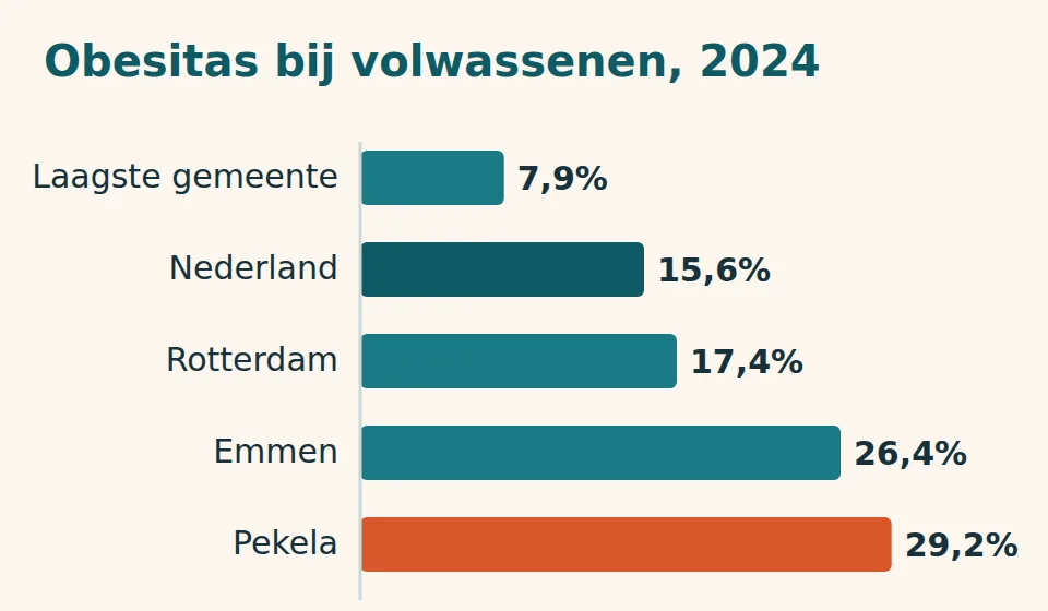 Staafdiagram van obesitas bij volwassenen: laagste gemeente 7,9%, Nederland 15,6%, Rotterdam 17,4%, Emmen 26,4% en Pekela 29,2%
