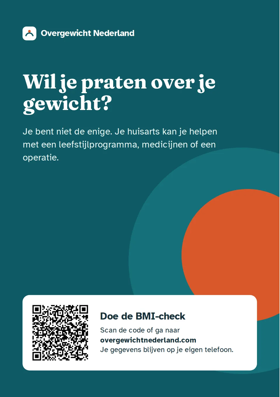 Voorkant van de A5-folder in donker teal met de vraag Wil je praten over je gewicht en een witte kaart met QR-code naar de BMI-check