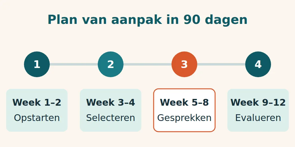 Tijdlijn van twaalf weken in vier fasen: week 1 tot 2 opstarten, week 3 tot 4 selecteren, week 5 tot 8 gesprekken, week 9 tot 12 evalueren