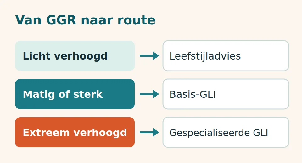 Routekaart per gewichtsgerelateerd gezondheidsrisico: licht naar leefstijladvies, matig en sterk naar basis-GLI, extreem naar gespecialiseerde GLI