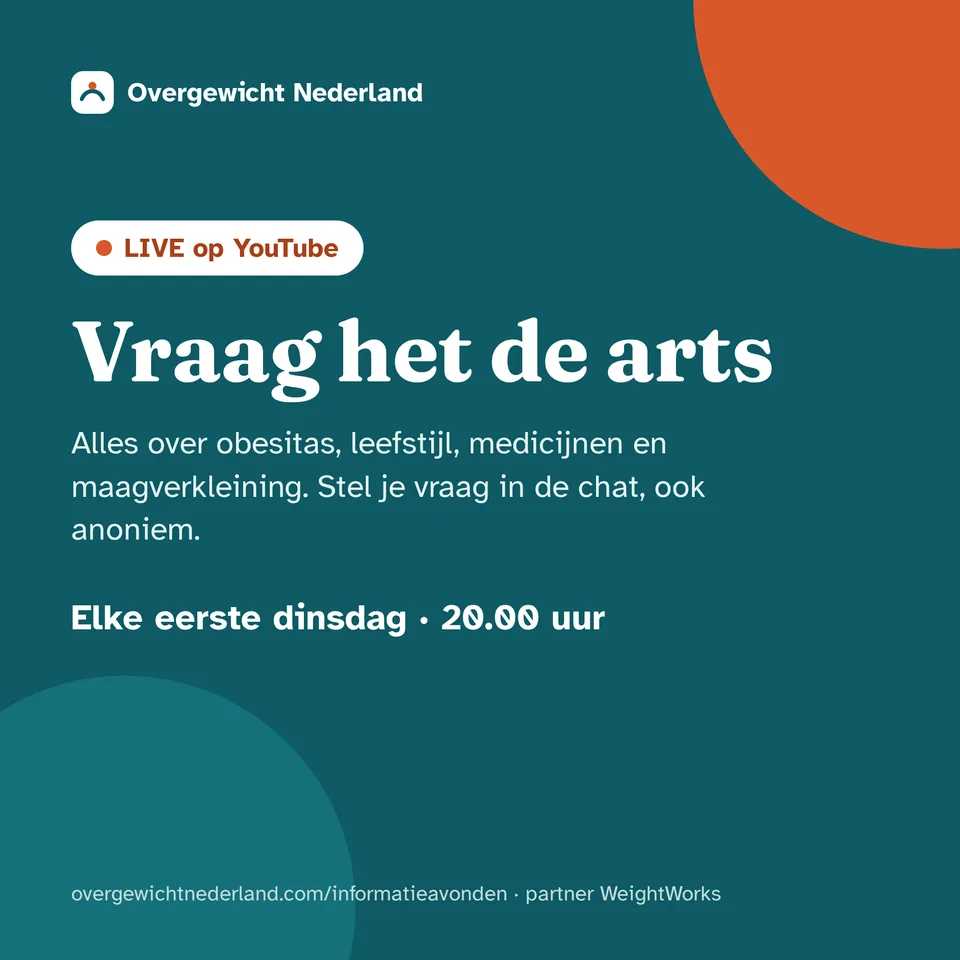 Vierkante afbeelding in teal met de tekst LIVE op YouTube, Vraag het de arts en Elke eerste dinsdag 20.00 uur