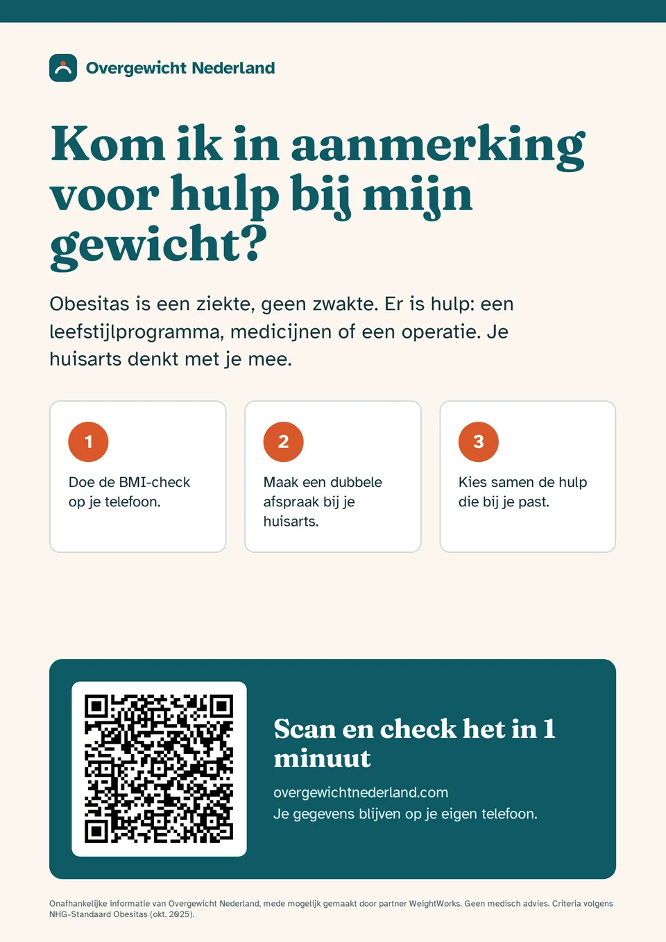 A3-poster met de kop Kom ik in aanmerking voor hulp bij mijn gewicht, drie oranje genummerde stappen en een grote QR-code onderaan