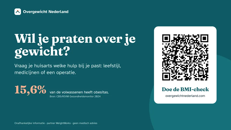 Liggende dia in teal met de vraag Wil je praten over je gewicht, het cijfer 15,6% obesitas en rechts een QR-code voor de BMI-check
